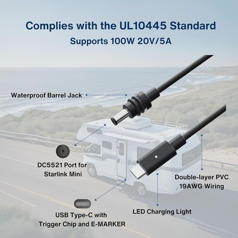DC to USB-C Power Cable Cord with LED 19AWG for Starlink Mini 3M/10FT, Waterproof Barrel Jack, Support 100W 20V/5A PD Input, Compatible with USB-C Power Bank Charger Power Supply in Saudi Arabia