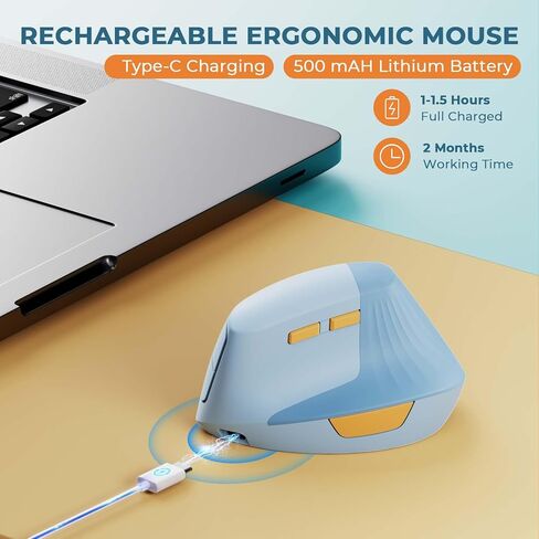 Unipows ماوس عمودي مريح، ماوس لاسلكي من النوع C قابل لإعادة الشحن مع محول USB ونوع C، ماوس صغير صامت لأجهزة الكمبيوتر المحمول والكمبيوتر المحمول وسطح المكتب وأجهزة الكمبيوتر الشخصية وأجهزة MacBook وجميع الأجهزة من النوع C in Kuwait
