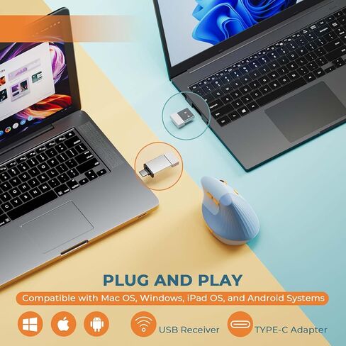 Unipows ماوس عمودي مريح، ماوس لاسلكي من النوع C قابل لإعادة الشحن مع محول USB ونوع C، ماوس صغير صامت لأجهزة الكمبيوتر المحمول والكمبيوتر المحمول وسطح المكتب وأجهزة الكمبيوتر الشخصية وأجهزة MacBook وجميع الأجهزة من النوع C in Kuwait