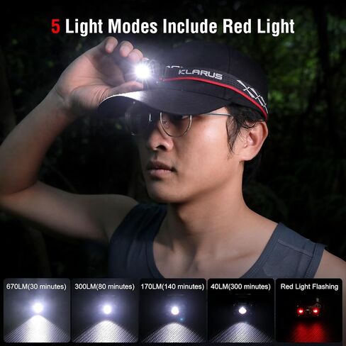 KLARUS HM3 670 Lumens Headlamp Main Light + Warning Red Light, 180°Adjustable Shoulder Lamp and Clip Light, Suitable for Camping, Fishing, Dog Walking, Home Use in Saudi Arabia