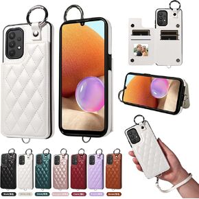 Wallet Cover for Samsung Galaxy A33 5G with Detachable Wrist Strap PU Leather Credit Casd Holder Slots Ring Buckle Flip Purse Stand Cell Accessories Phone Case for A 33 33A Women Brown