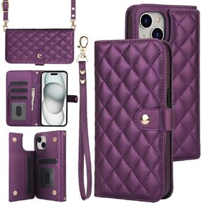 for iPhone 15 Plus and iPhone 14 Plus Wallet Case 6.7'' with S Pen Holder & Crossbody Lanyard Strap & Wrist Strip, Shockproof Stylish Case for iPhone 15 Plus &14 Plus (White)