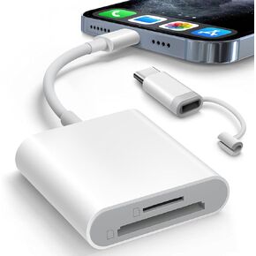 SD Card Reader for iPhone iPad Built-in Dual Lightening & USB-C Connector Card Adapter with SD MicroSD 2 Slots Trail Camera Memory Card Viewer, Portable No App Required Plug and Play - White