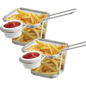 Stainless Steel Square Deep Fryer Basket with Ceramic Dipping Bowl, Perfect for Serving Fried Delights Such as French Fries, Onion Rings, Chicken Wings and BBQ Items (2 Pack)