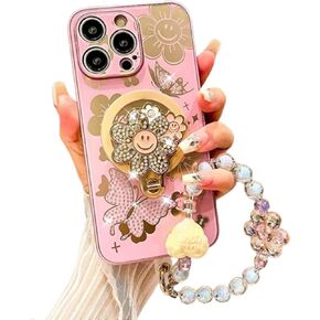 for iPhone 16 Pro Case for Women Girls [Compatible with MagSafe],Bling Diamond Cute Sunflower Kickstand [Full Camera Protection],Glitter Girly [Bead Phone Charm Strap] Phone Case for iPhone 16Pro Pink