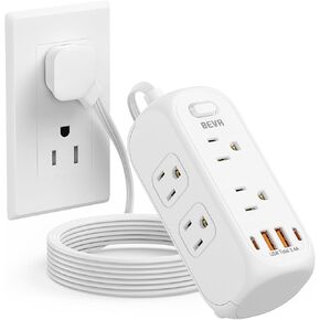 BEVA Power Strip with USB C, 5FT Flat Plug Extension Cord, Surge Protector with USB Ports 6 Outlet 4 USB Ports (2 USB C), Wall Mount Small Power Strip for Travel Home Office College Dorm