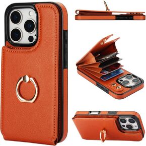 Folosu Compatible with iPhone 16 Pro Case Wallet with Card Holder, 360°Rotation Finger Ring Holder Kickstand, RFID Blocking Leather Protective Double Buttons Shockproof Cover 6.3 Inch Rose Gold