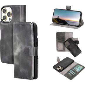 Leather Wallet Case for iPhone 15 Pro (6.1"), Leather Folio iPhone 15 Pro Case, Detachable Cover with Card Slots, RFID Flip Stand Case, MagSafe Compatible Magnetic Case - Ash Gray