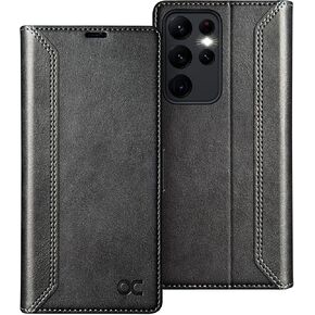 OCASE متوافق مع محفظة Galaxy S23 Ultra 5G، حافظة قابلة للطي من جلد البولي يوريثان مع حامل بطاقات RFID Blocking Stand [غلاف داخلي من مادة TPU مقاوم للصدمات] حافظة هاتف 6.8 بوصة (2023) - أسود