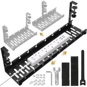 Cable Management Under Desk Tray, Set of Two, No-Drill Installation with Upgraded Clamp, Metal Cord Organizers for Desk with Cable Organizers, PC Cable Management Rack, Black