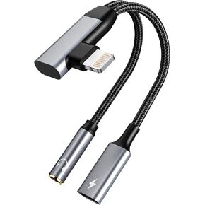 Lightning to 3.5mm Headphone and Lightning Charger Adapter, 2-in-1 Lightning to Aux Jack Dongle Cable Cord, 90 Degree iPhone Headphone Jack Adapter Audio Splitter for iPhone 14 13 12 11 Pro Max XS XR