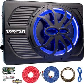 10" Upgrade 800W Slim Under Seat Powered Car Subwoofer, Car/Truck Audio Sub Built in Amplifier amp Combo Package, with Blue LED Light (Subwoofer+Installation Wire Kit)