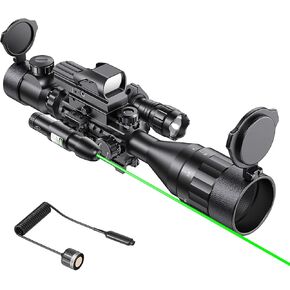 4-16x50AO Rifle Scope Red/Green Illuminated Reflex with Green Laser Sight 4 Holographic Reticle Red Dot for Rail Mount - 5 Brightness Modes Flashlight