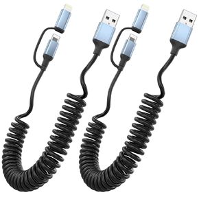 Coiled USB C Cable, 2-in-1 USB C and Lightning Cable Carplay Retractable Car Charger iPhone 15 Cord 3FT Fast Charging USB Cord for iPhone 15Plus 14 13 12 Pro Max, iPad, Samsung, Google Pixel, Moto G53