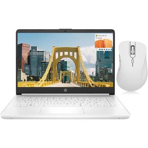 كمبيوتر محمول HP محمول 14 بوصة عالي الدقة، Intel Quad-Core N4120، ذاكرة وصول عشوائي 16 جيجابايت، 64 جيجابايت eMMC، سنة واحدة Office 365، كاميرا ويب، قارئ بطاقة SD، HDMI، Wi-Fi، Win 11 S، Thunderobot ML101 حزمة ماوس لاسلكية بيضاء