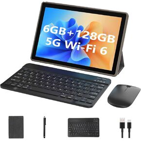 2 in 1 Tablet with Keyboard, 10 inch Android 11 Tablet, 6GB RAM+128GB ROM+1TB Expandable Tablet, 1.8GHz Quad-core Processor, 5G WiFi 6 BT 5.0 Tablets with Mouse| Case| Stylus, 1280*800 IPS Touchscreen