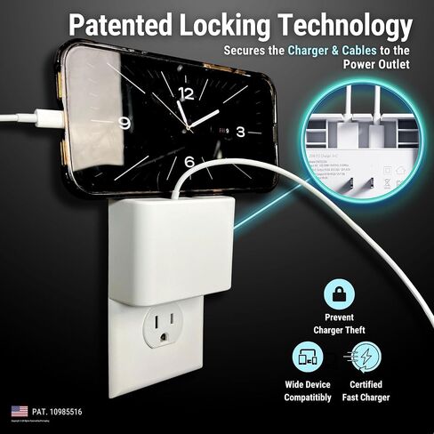 Charger Lock: Anti-Theft & Tug-Proof Phone Charger Lock System, Patented Slim Design for iPhone, Android, & More - Includes Locking Cover, Dual Fast Charger, and (USB-C to Light Cable, 6FT) in Saudi Arabia