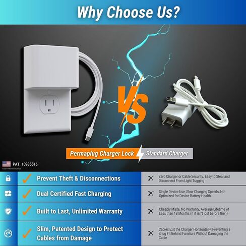 Charger Lock: Anti-Theft & Tug-Proof Phone Charger Lock System, Patented Slim Design for iPhone, Android, & More - Includes Locking Cover, Dual Fast Charger, and (USB-C to Light Cable, 6FT) in Saudi Arabia