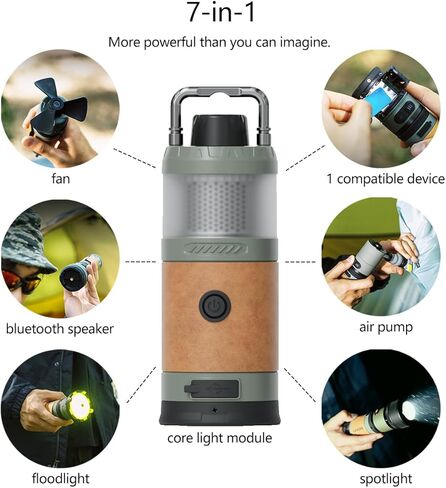 7-in-1 Modular Camping Lantern Rechargeable, 5000mAh, 500LM, IPX4 Waterproof, Air Pump, Fan, Bluetooth Speaker, Multi-Function Portable Flashlight for Emergency, Hiking, Fishing (Green) in Saudi Arabia