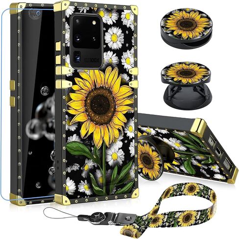 KANGHAR مصمم لهاتف Samsung Galaxy S20 Ultra Case عباد الشمس مع واقي شاشة وحزام حبل وحامل حلقي للنساء والفتيات وزهرة الأقحوان وقبضة الأصابع وممتص الصدمات للهاتف in Kuwait