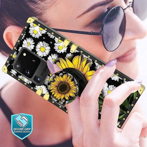 KANGHAR مصمم لهاتف Samsung Galaxy S20 Ultra Case عباد الشمس مع واقي شاشة وحزام حبل وحامل حلقي للنساء والفتيات وزهرة الأقحوان وقبضة الأصابع وممتص الصدمات للهاتف in Kuwait