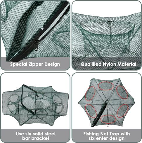 SOONHUA Fishing Net,Foldable Crab Trap Crayfish Trap,6/12 Holes,Quickly Opened Fishing Bait Traps with Zipper,Landing Net Trap Cast Dip Cage Fish Shrimp Minnow Crayfish Crab Baits Mesh Trap in Kuwait