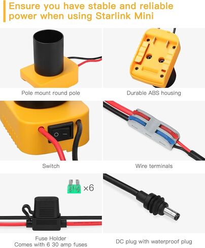 كابل طاقة Starlink Mini DC لبطارية Dewalt - قاعدة محول متوافقة مع بطاريات Dewalt - مع 6 صمامات وقاعدة قطب مستديرة - محول طاقة Starlink Mini in Kuwait
