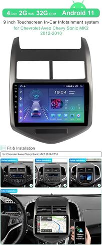 ASURE راديو ستيريو للسيارة مقاس 9 بوصة لسيارة شيفروليه تشيفي سونيك 2012-2016، 4Core 2G+32G Android وحدة ملاحة GPS مع Carplay اللاسلكي، Android Auto، مشغل فيديو الوسائط المتعددة بشاشة لمس عالية الدقة 1280x800 in Kuwait