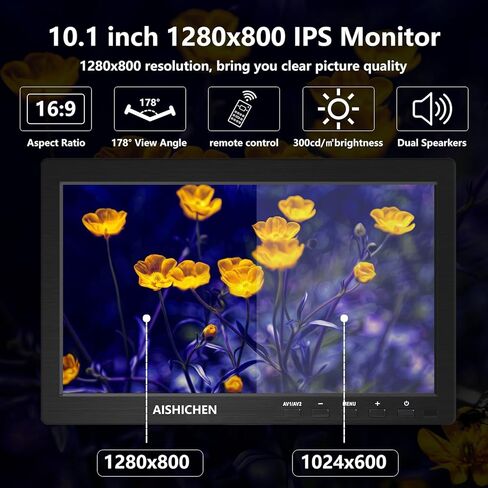 شاشة صغيرة 10.1 بوصة، مكبرات صوت مدمجة لشاشة Raspberry Pi، شاشة صغيرة 1280 × 800، شاشة HDMI 60 هرتز، 3 مللي ثانية، شاشة IPS مع جهاز تحكم عن بعد، مدخل HDMI VGA AV BNC (10.1 بوصة - 1280 × 800 بكسل) in Kuwait