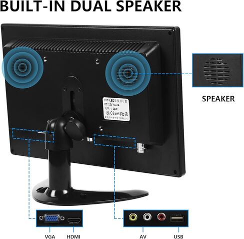شاشة صغيرة 10.1 بوصة، مكبرات صوت مدمجة لشاشة Raspberry Pi، شاشة صغيرة 1280 × 800، شاشة HDMI 60 هرتز، 3 مللي ثانية، شاشة IPS مع جهاز تحكم عن بعد، مدخل HDMI VGA AV BNC (10.1 بوصة - 1280 × 800 بكسل) in Kuwait