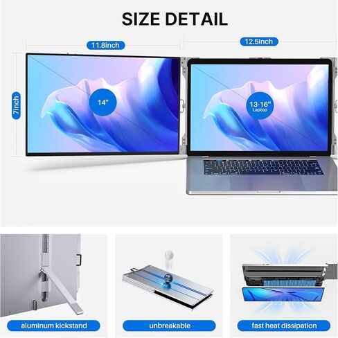 Oiiwak Two Laptop Screen Extender 16 Inch FHD 1200P 16:10 IPS Triple Monitor for 15-17.3" Notebooks Plug-Play Compatible with Windows 10/11 Featuring Type-C/HDMI/USB-C in Kuwait