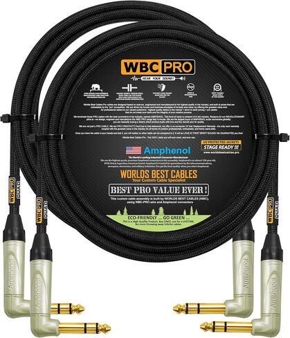 2 Units - 10 Foot - WBC-PRO-Quad Ultra-Silent Ultra-Flexible Balanced Star-Quad Cable with Amphenol QS3R-AU ¼ Inch (6.35mm) Gold Right-Angled TRS Stereo Phone Plugs & Black Tweed Jacket in Kuwait