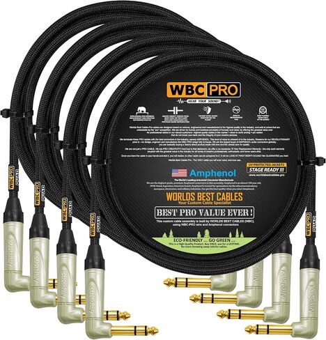 2 Units - 10 Foot - WBC-PRO-Quad Ultra-Silent Ultra-Flexible Balanced Star-Quad Cable with Amphenol QS3R-AU ¼ Inch (6.35mm) Gold Right-Angled TRS Stereo Phone Plugs & Black Tweed Jacket in Kuwait