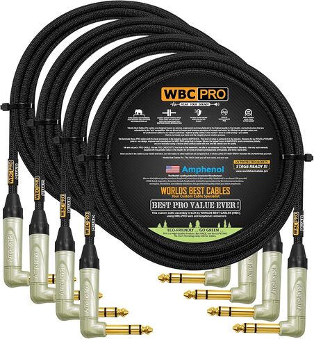 2 Units - 10 Foot - WBC-PRO-Quad Ultra-Silent Ultra-Flexible Balanced Star-Quad Cable with Amphenol QS3R-AU ¼ Inch (6.35mm) Gold Right-Angled TRS Stereo Phone Plugs & Black Tweed Jacket in Kuwait