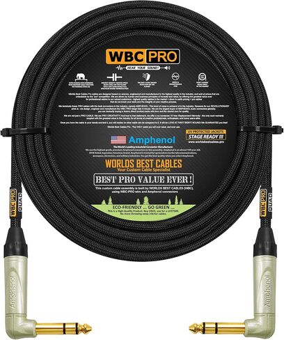 2 Units - 10 Foot - WBC-PRO-Quad Ultra-Silent Ultra-Flexible Balanced Star-Quad Cable with Amphenol QS3R-AU ¼ Inch (6.35mm) Gold Right-Angled TRS Stereo Phone Plugs & Black Tweed Jacket in Kuwait