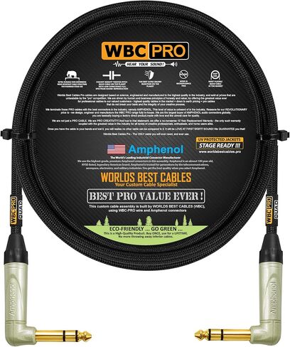 2 Units - 10 Foot - WBC-PRO-Quad Ultra-Silent Ultra-Flexible Balanced Star-Quad Cable with Amphenol QS3R-AU ¼ Inch (6.35mm) Gold Right-Angled TRS Stereo Phone Plugs & Black Tweed Jacket in Kuwait