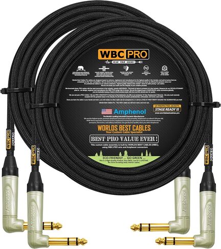 2 Units - 10 Foot - WBC-PRO-Quad Ultra-Silent Ultra-Flexible Balanced Star-Quad Cable with Amphenol QS3R-AU ¼ Inch (6.35mm) Gold Right-Angled TRS Stereo Phone Plugs & Black Tweed Jacket in Kuwait