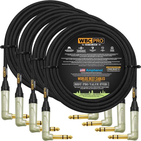 2 Units - 10 Foot - WBC-PRO-Quad Ultra-Silent Ultra-Flexible Balanced Star-Quad Cable with Amphenol QS3R-AU ¼ Inch (6.35mm) Gold Right-Angled TRS Stereo Phone Plugs & Black Tweed Jacket in Kuwait