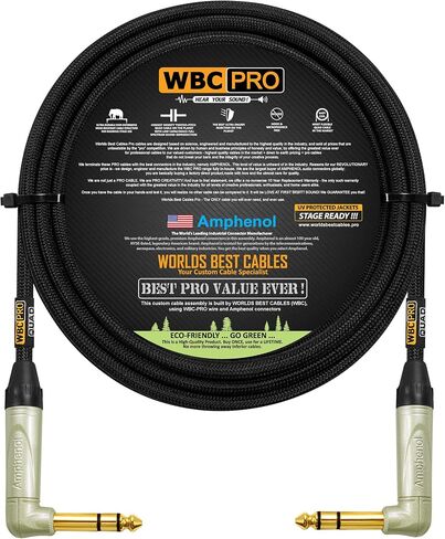2 Units - 10 Foot - WBC-PRO-Quad Ultra-Silent Ultra-Flexible Balanced Star-Quad Cable with Amphenol QS3R-AU ¼ Inch (6.35mm) Gold Right-Angled TRS Stereo Phone Plugs & Black Tweed Jacket in Kuwait