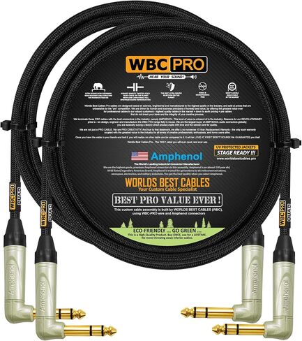 2 Units - 10 Foot - WBC-PRO-Quad Ultra-Silent Ultra-Flexible Balanced Star-Quad Cable with Amphenol QS3R-AU ¼ Inch (6.35mm) Gold Right-Angled TRS Stereo Phone Plugs & Black Tweed Jacket in Kuwait