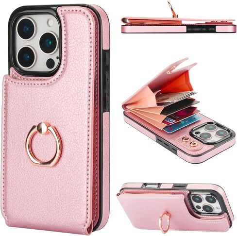 Folosu Compatible with iPhone 16 Pro Case Wallet with Card Holder, 360°Rotation Finger Ring Holder Kickstand, RFID Blocking Leather Protective Double Buttons Shockproof Cover 6.3 Inch Rose Gold in Kuwait