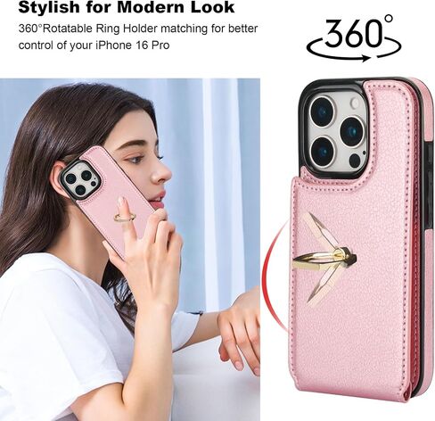 Folosu Compatible with iPhone 16 Pro Case Wallet with Card Holder, 360°Rotation Finger Ring Holder Kickstand, RFID Blocking Leather Protective Double Buttons Shockproof Cover 6.3 Inch Rose Gold in Kuwait