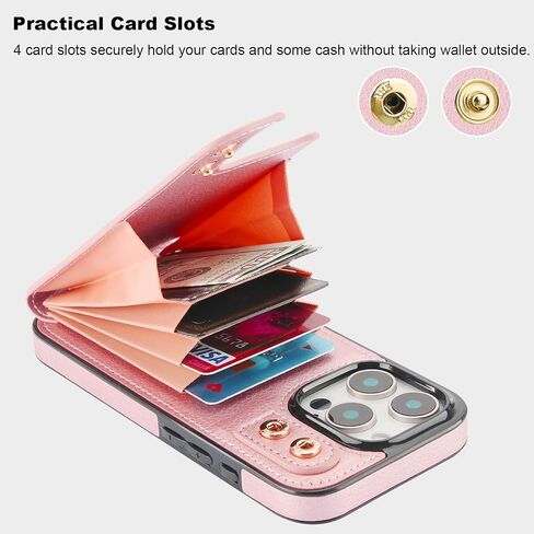 Folosu Compatible with iPhone 16 Pro Case Wallet with Card Holder, 360°Rotation Finger Ring Holder Kickstand, RFID Blocking Leather Protective Double Buttons Shockproof Cover 6.3 Inch Rose Gold in Kuwait