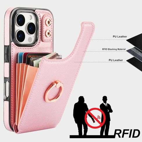 Folosu Compatible with iPhone 16 Pro Case Wallet with Card Holder, 360°Rotation Finger Ring Holder Kickstand, RFID Blocking Leather Protective Double Buttons Shockproof Cover 6.3 Inch Rose Gold in Kuwait