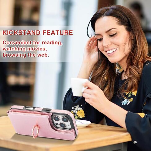 Folosu Compatible with iPhone 16 Pro Case Wallet with Card Holder, 360°Rotation Finger Ring Holder Kickstand, RFID Blocking Leather Protective Double Buttons Shockproof Cover 6.3 Inch Rose Gold in Kuwait