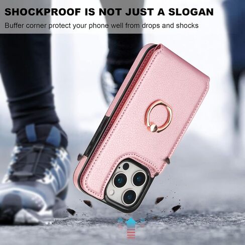 Folosu Compatible with iPhone 16 Pro Case Wallet with Card Holder, 360°Rotation Finger Ring Holder Kickstand, RFID Blocking Leather Protective Double Buttons Shockproof Cover 6.3 Inch Rose Gold in Kuwait