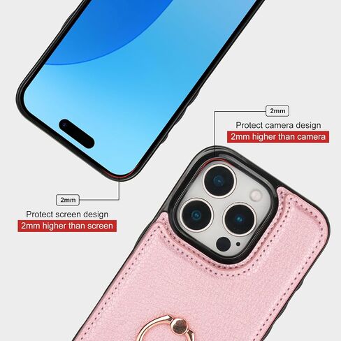 Folosu Compatible with iPhone 16 Pro Case Wallet with Card Holder, 360°Rotation Finger Ring Holder Kickstand, RFID Blocking Leather Protective Double Buttons Shockproof Cover 6.3 Inch Rose Gold in Kuwait