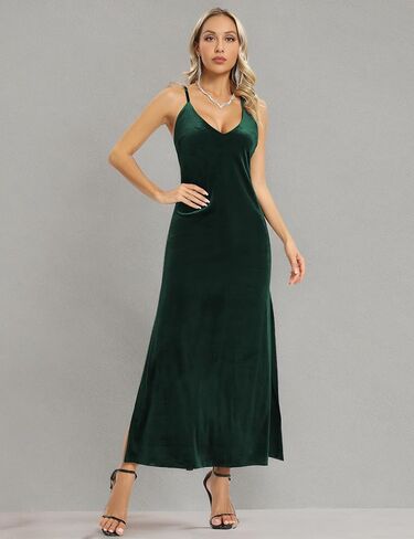 Capuffy Women's Spaghetti Straps Deep V Neck Velvet Backless Maxi Dress Double High Slit Velvet Cocktai Party Dress 72040 in Kuwait
