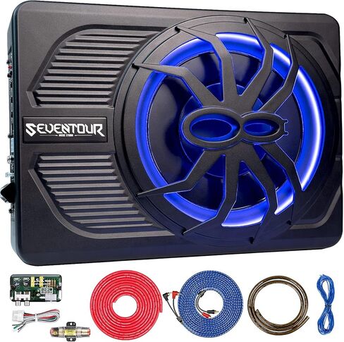 10" Upgrade 800W Slim Under Seat Powered Car Subwoofer, Car/Truck Audio Sub Built in Amplifier amp Combo Package, with Blue LED Light (Subwoofer+Installation Wire Kit) in Kuwait