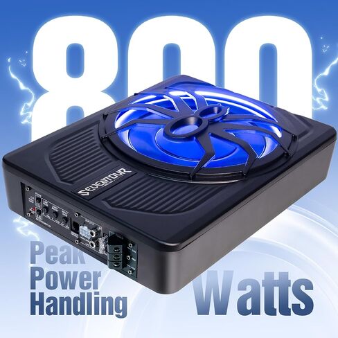 10" Upgrade 800W Slim Under Seat Powered Car Subwoofer, Car/Truck Audio Sub Built in Amplifier amp Combo Package, with Blue LED Light (Subwoofer+Installation Wire Kit) in Kuwait